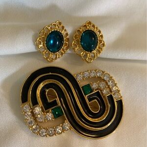 Vintage Jeweled Art Deco Designed Brooch Pin Clip on Earrings